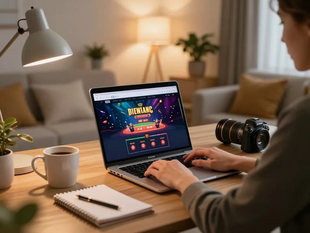 A person engaged in online gambling at nhà cái vmax, focused on a laptop with casino game interface displayed.