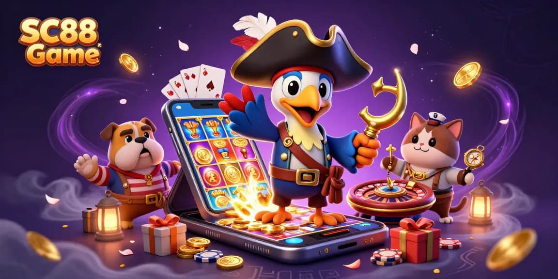 Win big with SC88 Game through this vibrant illustration of 3D characters and dynamic casino elements.