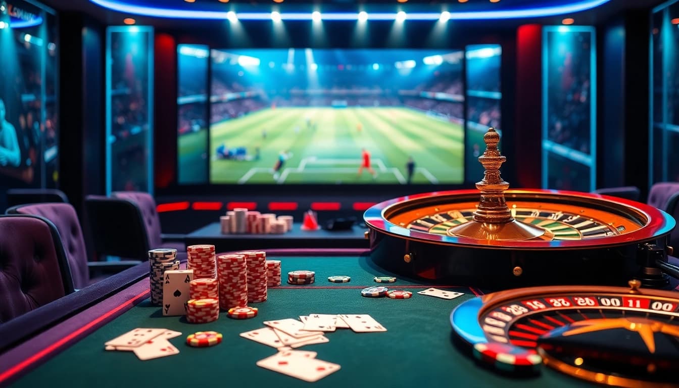Watch bóng đá trực tiếp with excitement like at a casino, featuring a thrilling sports betting atmosphere.