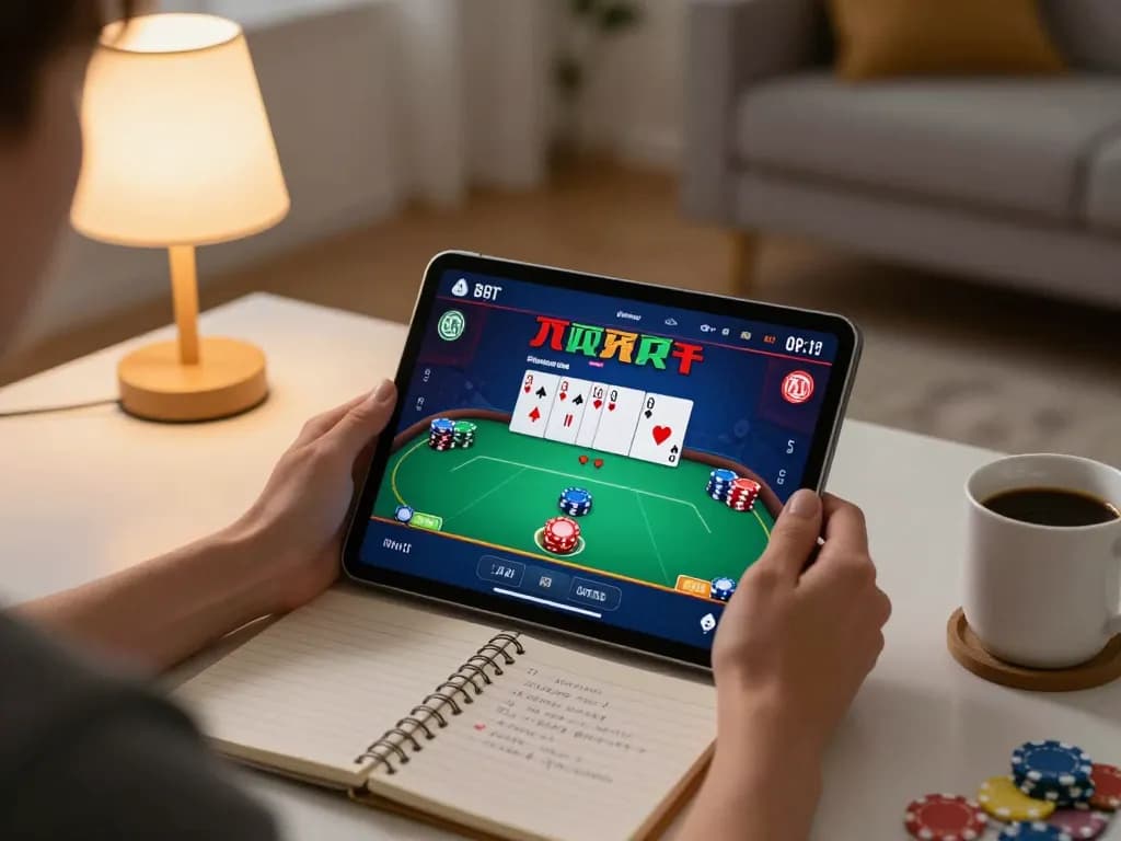 Player enjoying f168 online poker on tablet with betting notes in cozy home.
