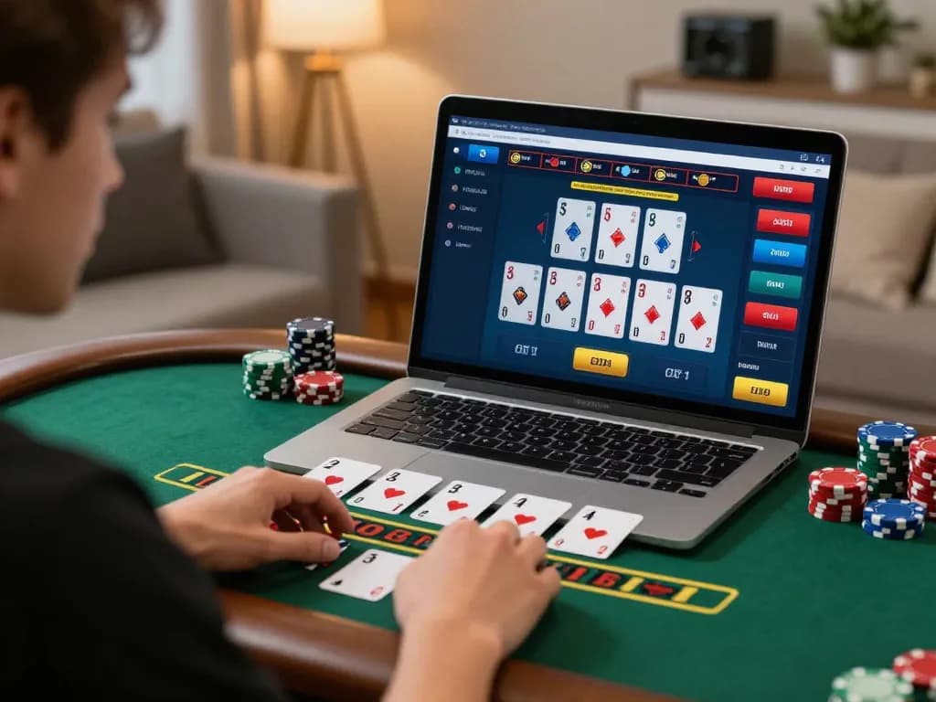 C168 player enjoying a live dealer blackjack game on a laptop at home, showcasing strategic gameplay.