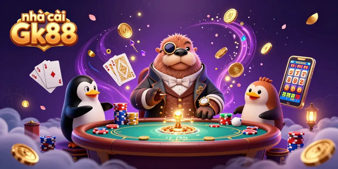 Experience the thrill of nhà cái Gk88 with jolly walrus and dealer at an underwater casino table.
