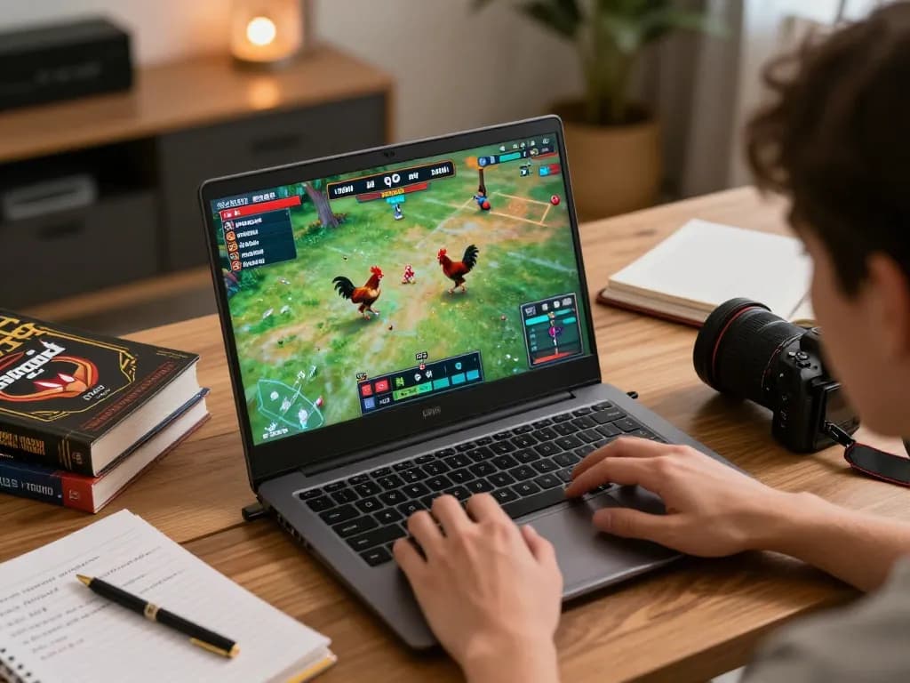 Watch intense đá gà thomo chickens battle in live streams on a laptop, engaging through strategic gaming.