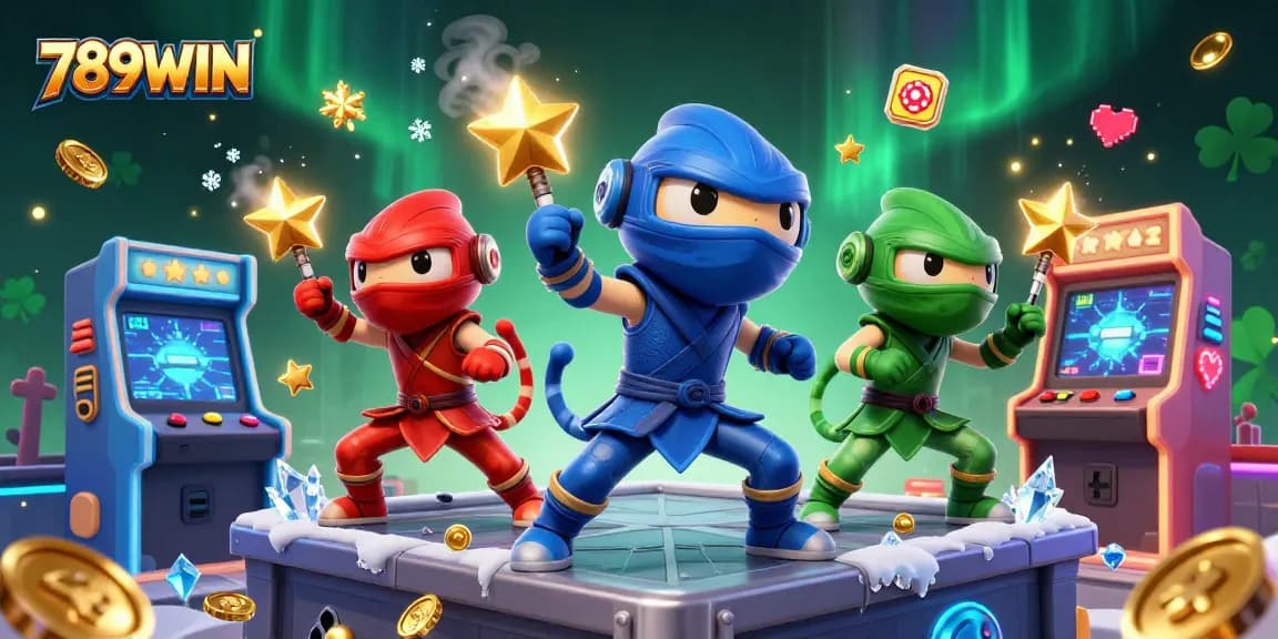 A dynamic scene of 789WIN, featuring a team of ninja chameleons performing martial arts amidst colorful casino-themed elements