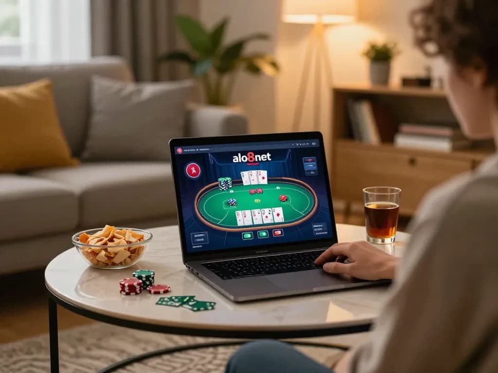 Engaged player exploring the alo8net poker game on their laptop in a cozy home setting