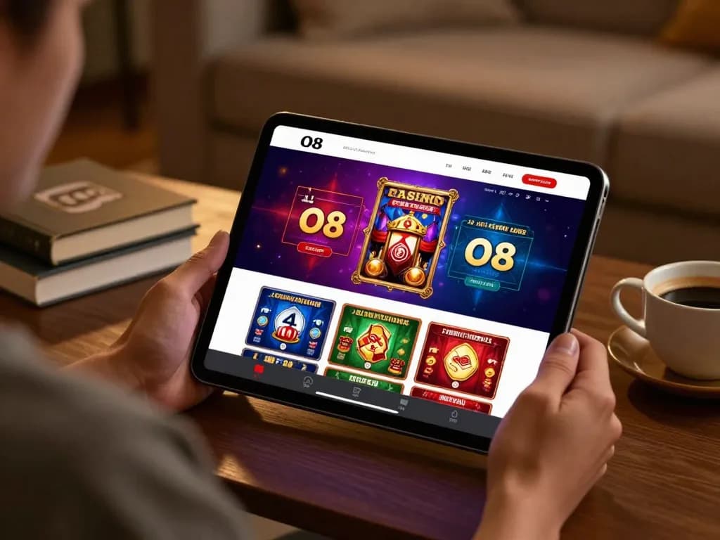 Engaged player using the O8 casino app for online gambling in a cozy home setting.