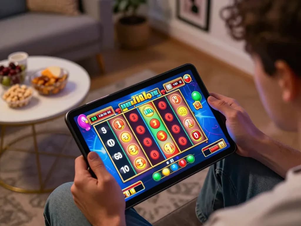 llwin3 player enjoying a thrilling slot game on a tablet in a cozy setup, showcasing strategic online gaming.