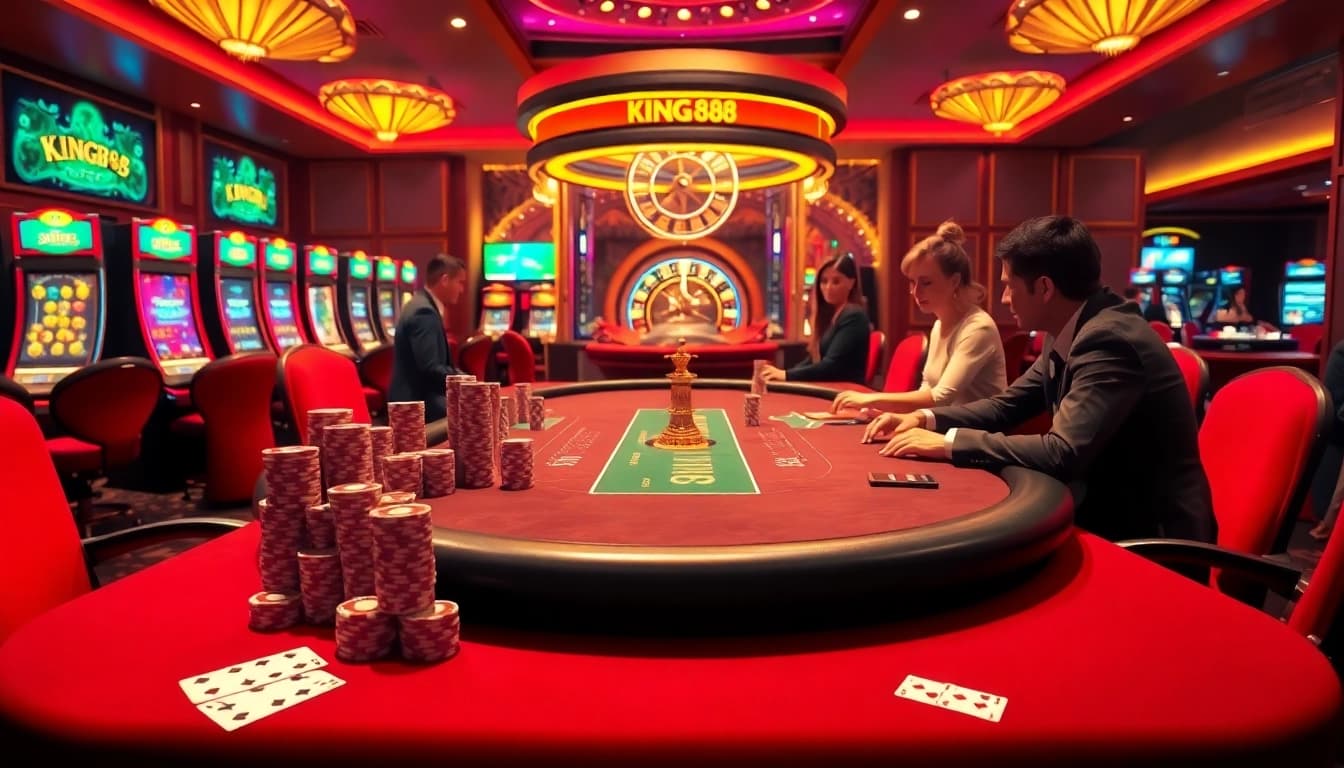 Exciting gameplay at KING88 casino table with professional dealers and vibrant slot machines.