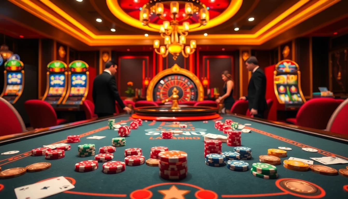 The thrilling atmosphere of https://king88hz.vip/ casino gaming with vibrant tables, poker chips, and professional dealers.