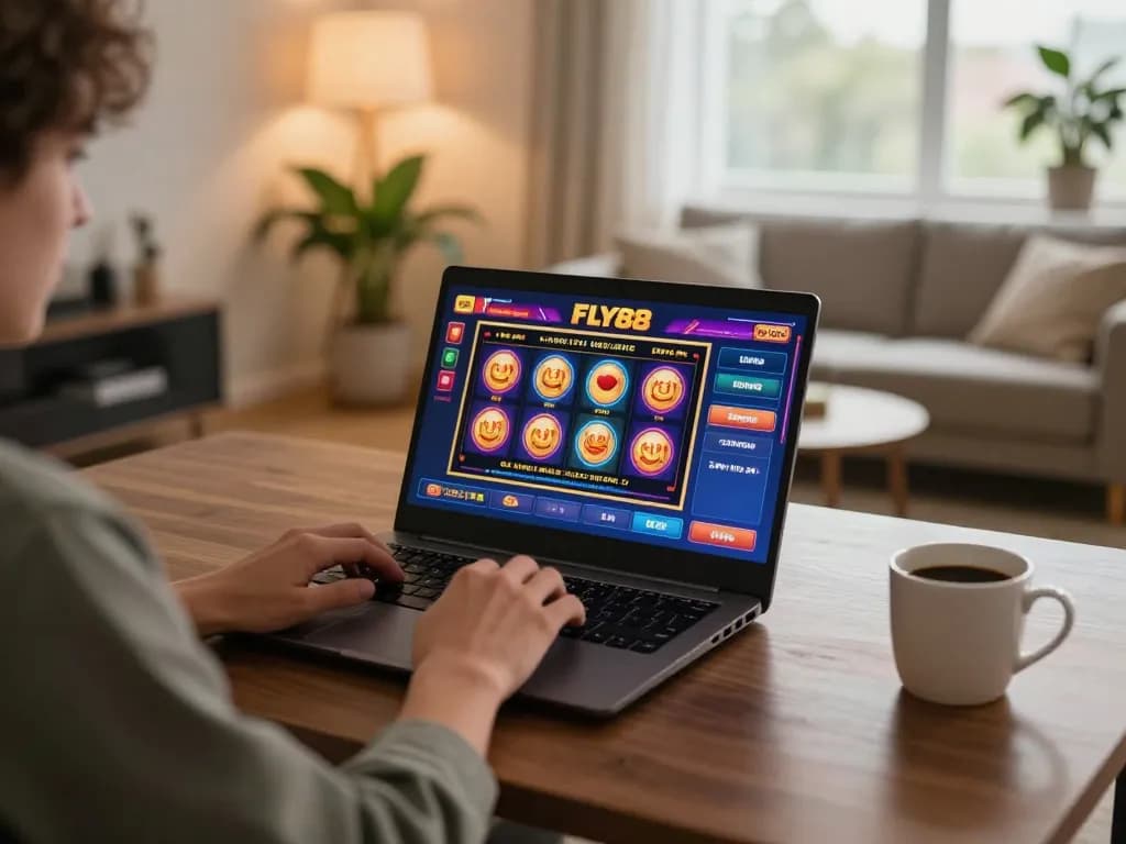 Person enjoying online gaming at FLY88, vibrant slot game displayed on laptop in a cozy home setting.