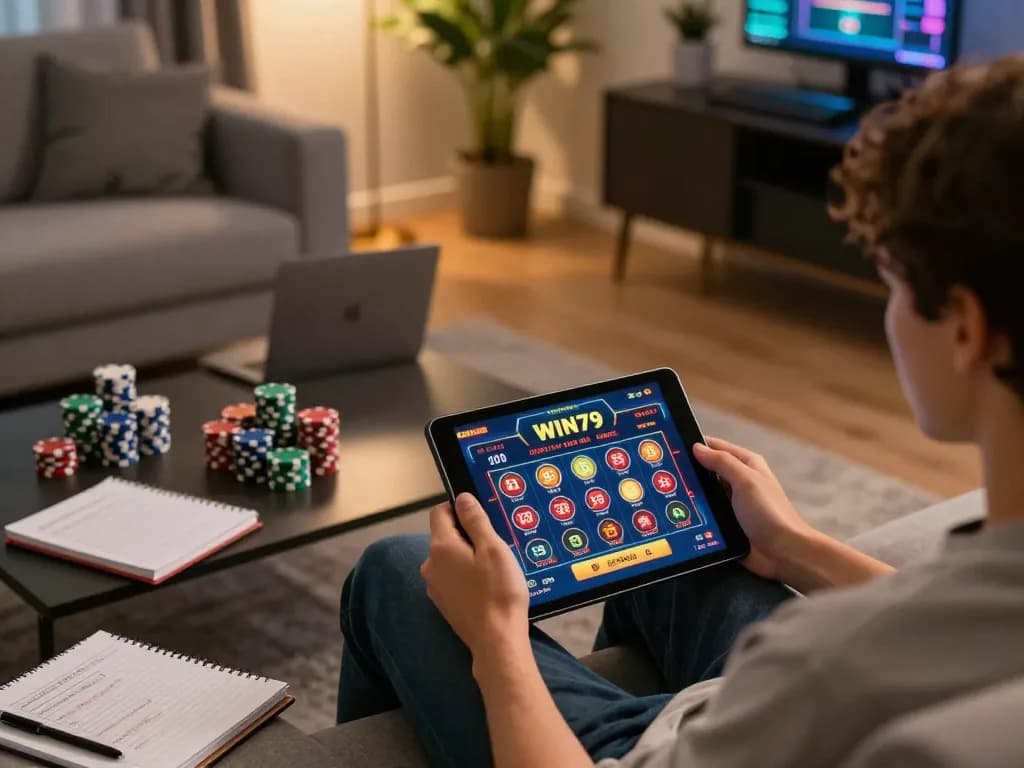Engaged player using WIN79 app on tablet, with a cozy home gaming atmosphere.