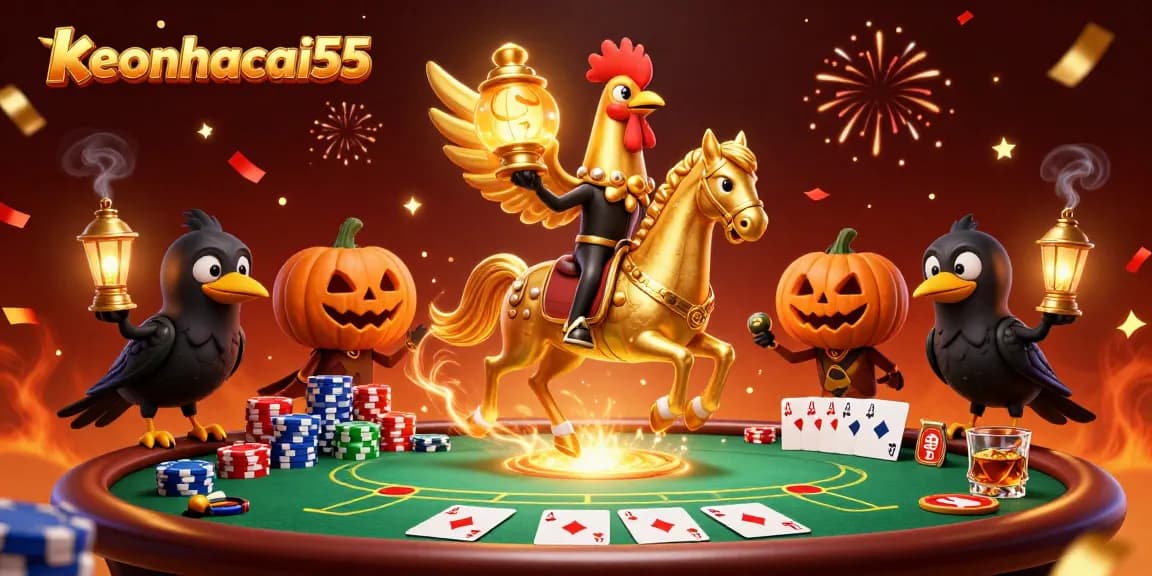 Engage with keonhacai55 through a vibrant, action-packed 3D casino illustration featuring lively characters.