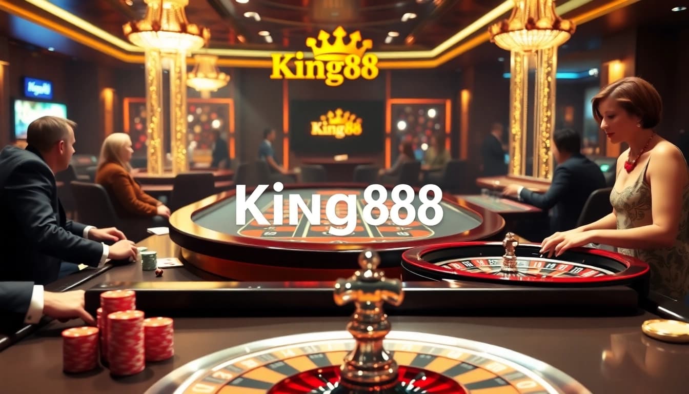 Players engrossed at a King88 casino table with poker chips and roulette wheel.