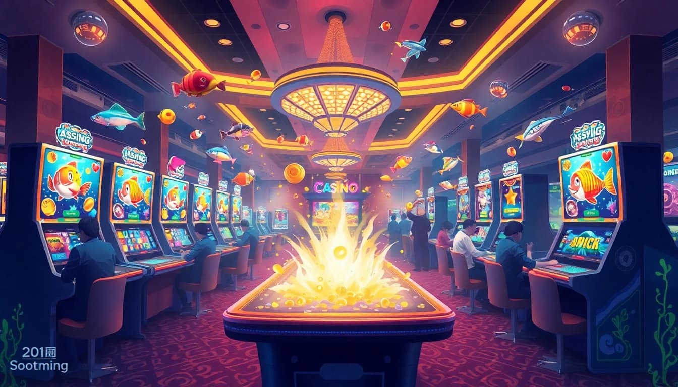 Bắn cá đổi thưởng game scene featuring colorful fish, vibrant graphics, and players winning rewards at a lively casino.