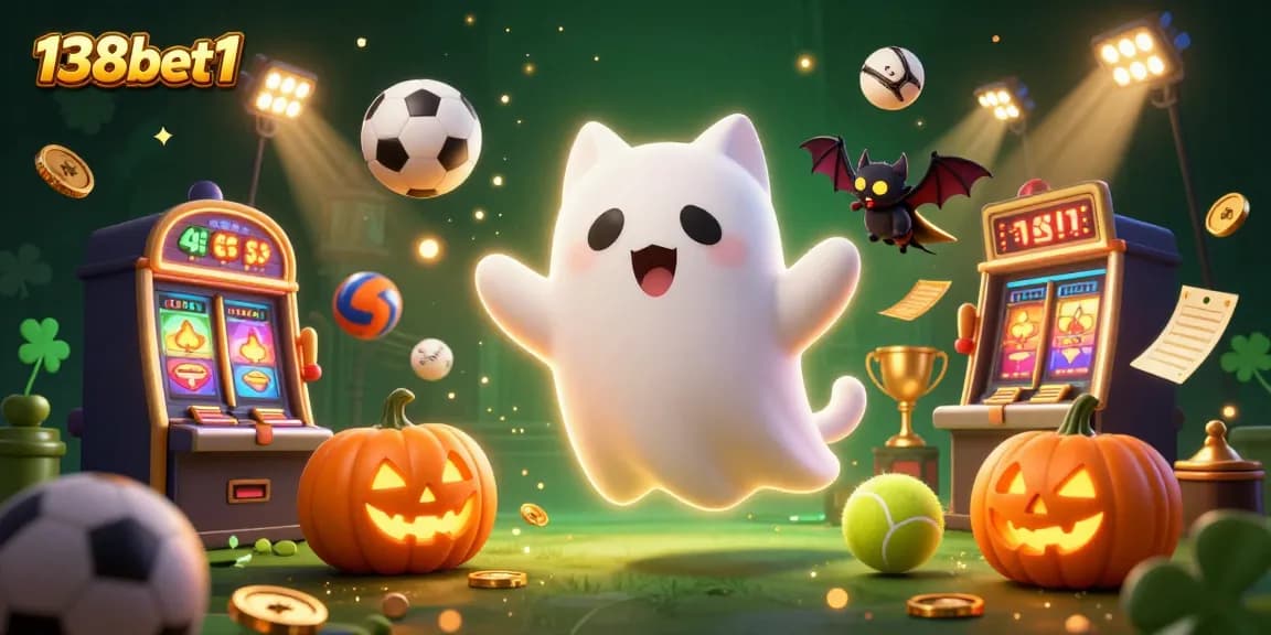 Experience thrilling moments at 138bet1 with ghostly cats and sports elements dancing in a haunted casino.