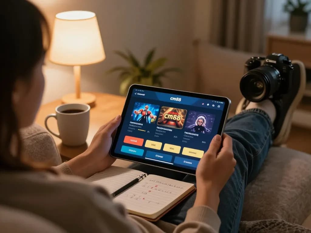 Engaging with cm88 online casino gameplay on a tablet at home, emphasizing cozy evening entertainment.
