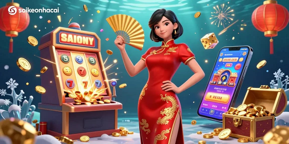 Spark winning strategies with soikeonhacai's 3D casino extravaganza featuring slot machines and gold coins.