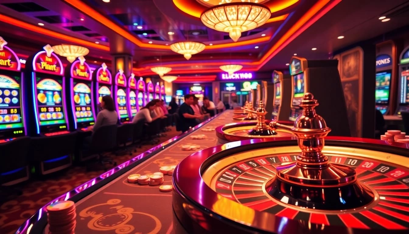 Players enjoying the excitement of the luck888 slot machines in a vibrant casino atmosphere.