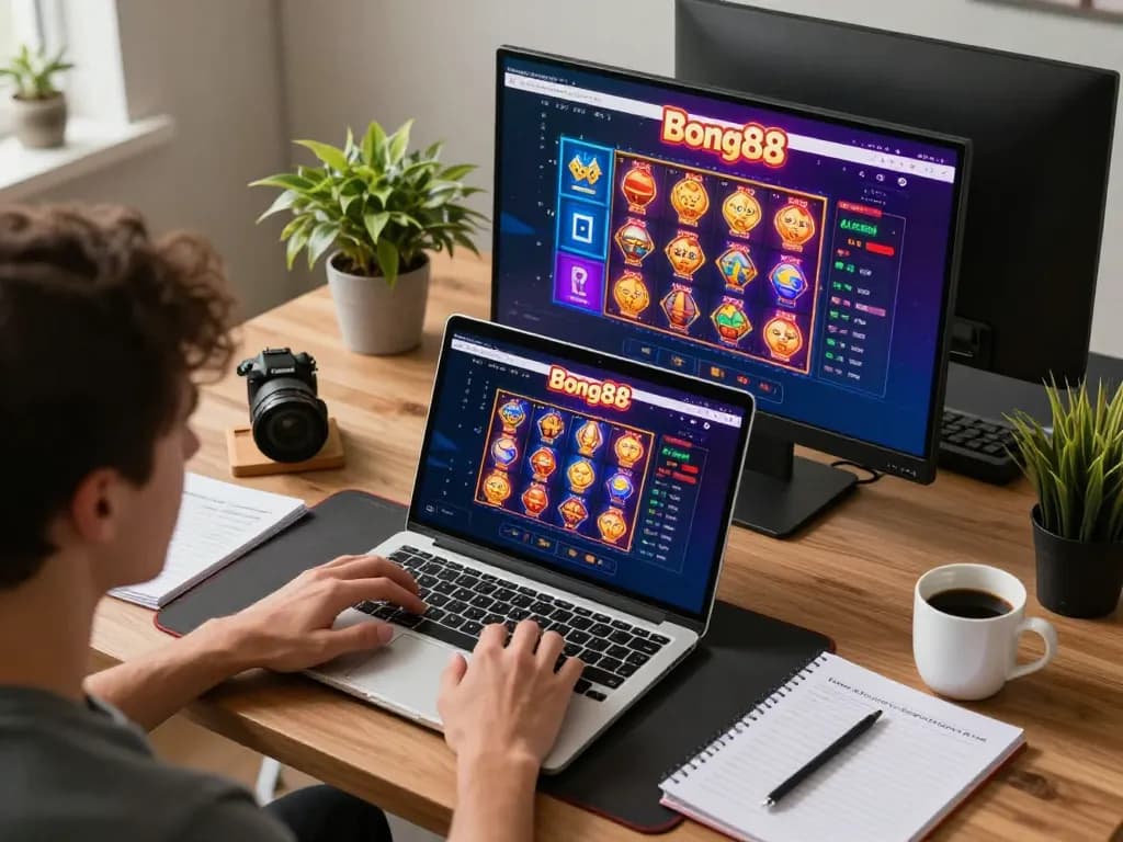 Bong88 online gaming setup showing a player engaged in slot games and live dealer action.