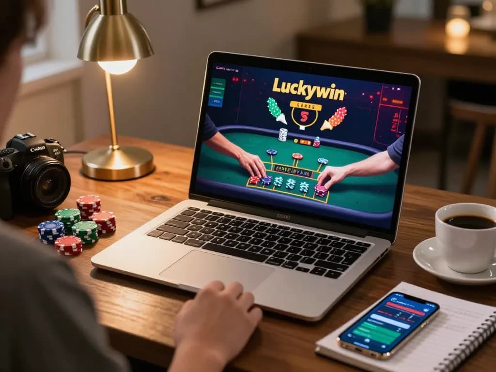 Player engaging with Luckywin's online blackjack while managing bankroll and strategy notes