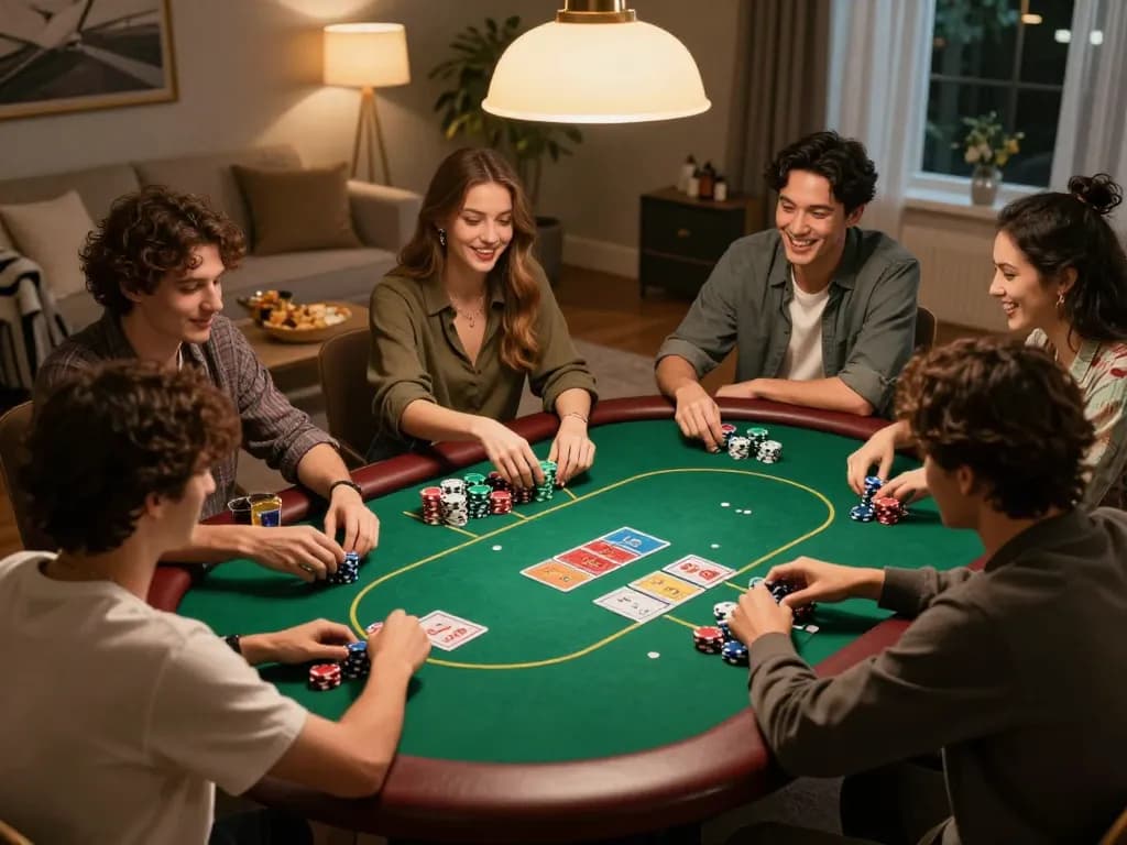 Players enjoying a competitive home poker night with dn 888 gaming atmosphere, complete with chips and cards on the table.