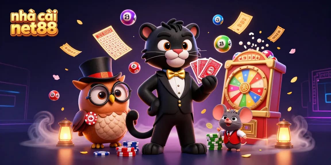 Get ready to play at nhà cái net88 with this vibrant illustration featuring a stylish panther, clever owl, and lucky mouse in a casino scene.