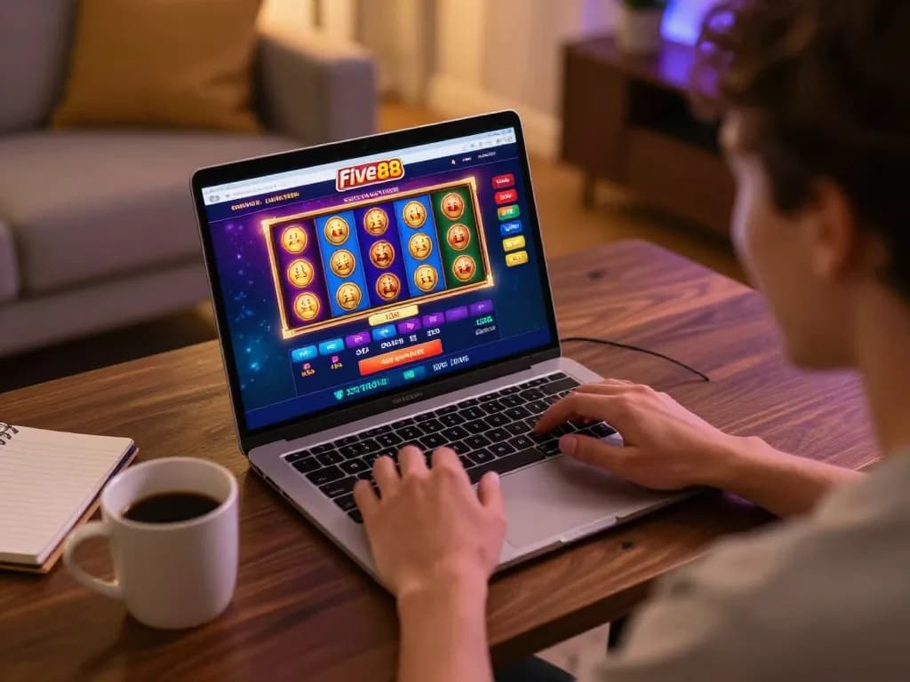 Engaging online gaming scene with five88 interface on a laptop, showcasing player excitement and strategic play.