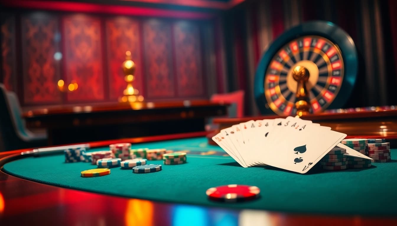 Experience thrilling gambling action at 6RWIN with vibrant poker chips and cards on a luxury casino table.