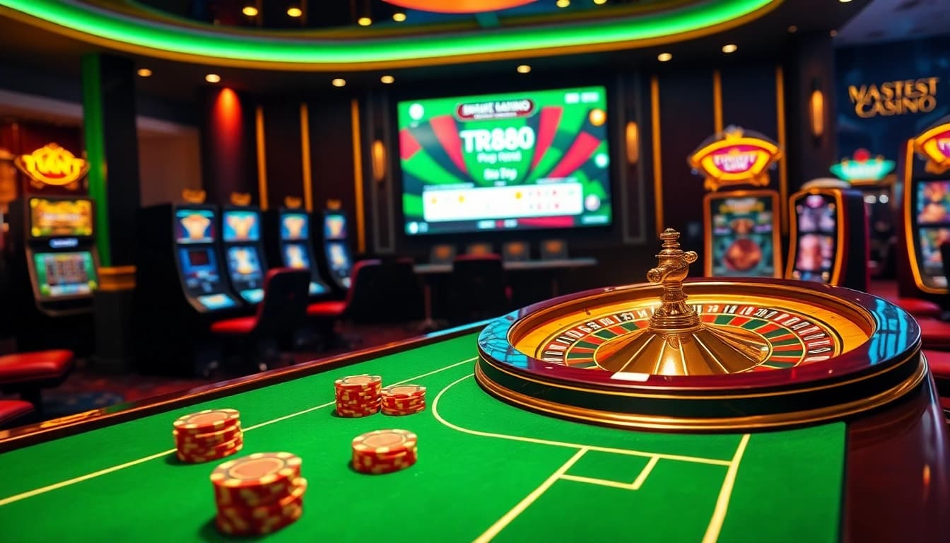Players enjoy thrilling games at TR88 Com casino, featuring poker chips and roulette wheels.