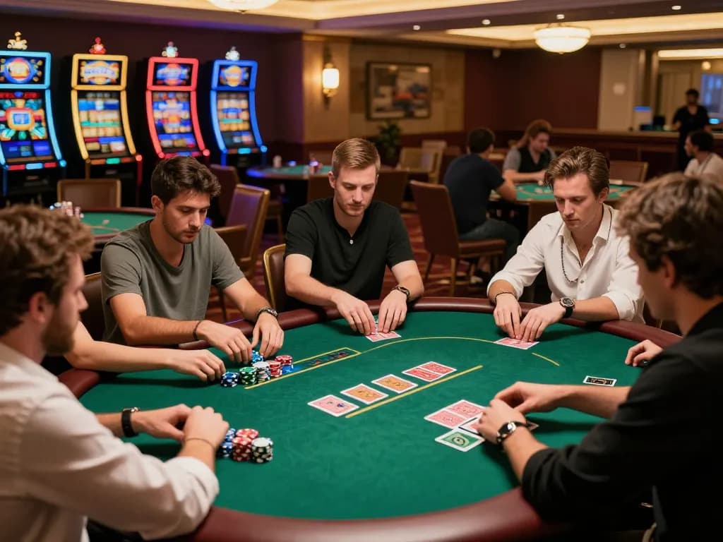 VT88 players strategizing at a high-stakes poker table in a luxurious casino setting