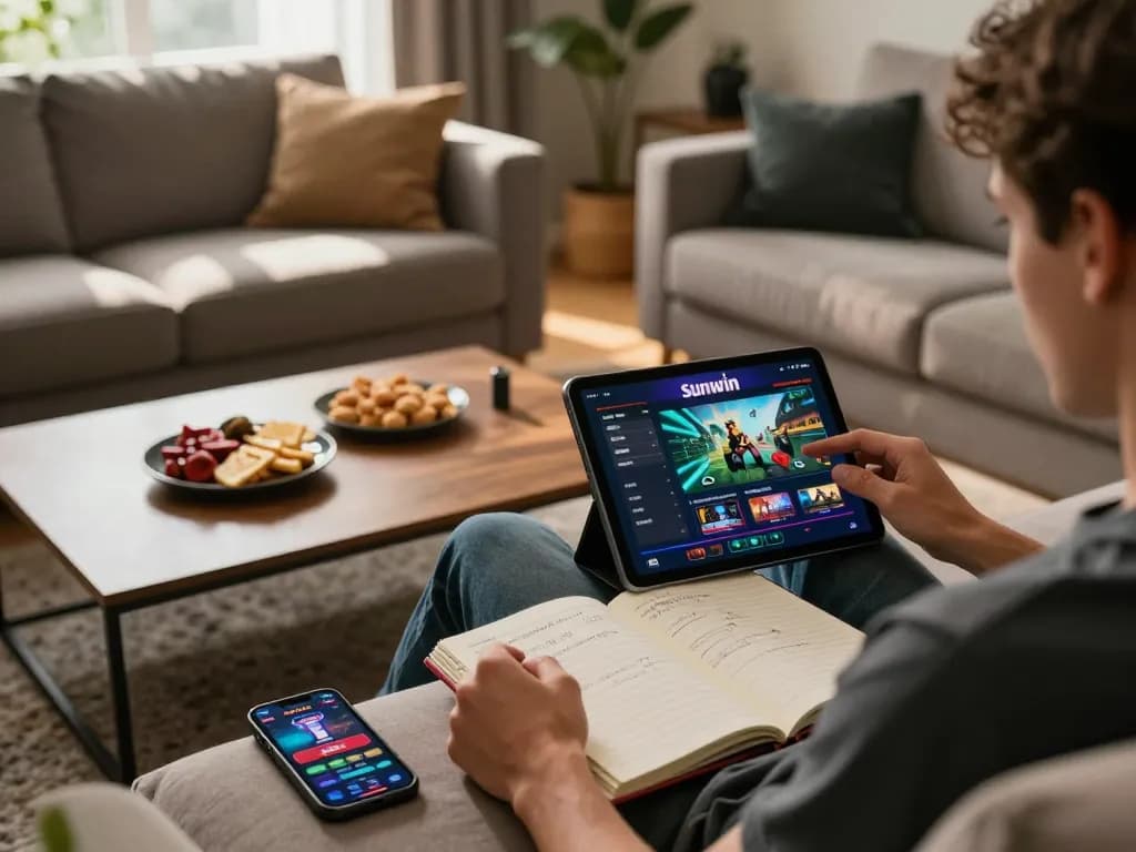 Player exploring the Sunwin app on a tablet in a cozy home setting, emphasizing online casino gameplay.