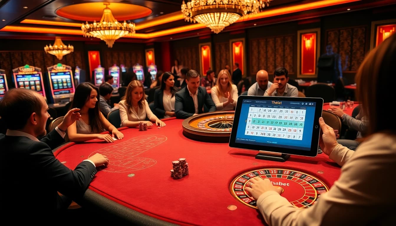 Players enjoying a thrilling game environment at Thabet casino, featuring roulette, blackjack, and vibrant slot machines.
