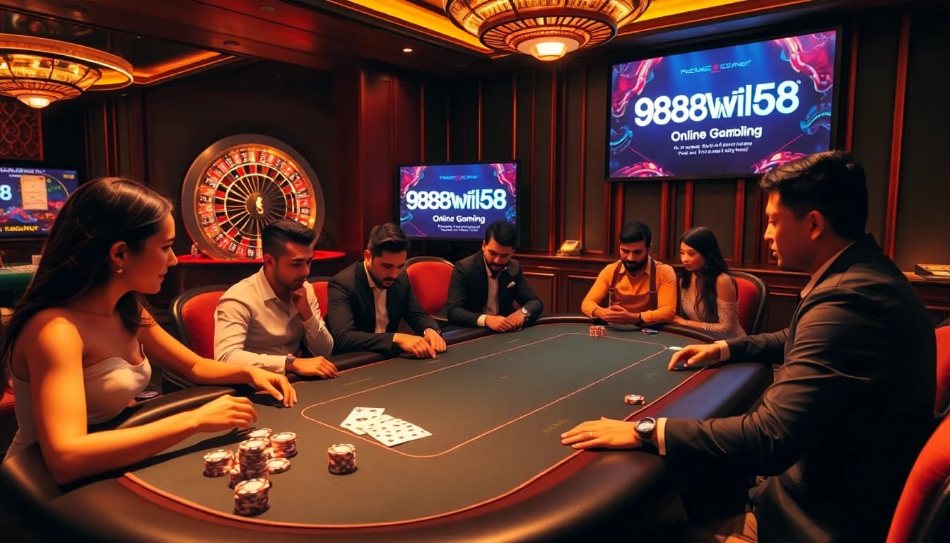 Engage in high-stakes action at the 98win58 poker table featuring vibrant chips and a luxurious ambiance.