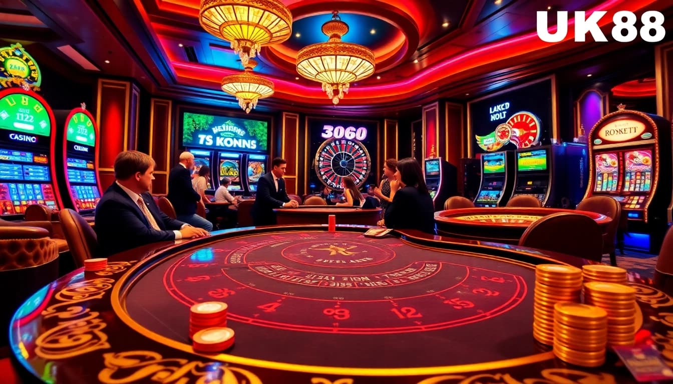 Engage in thrilling gameplay at UK88's luxurious casino, featuring vibrant tables and immersive environments.