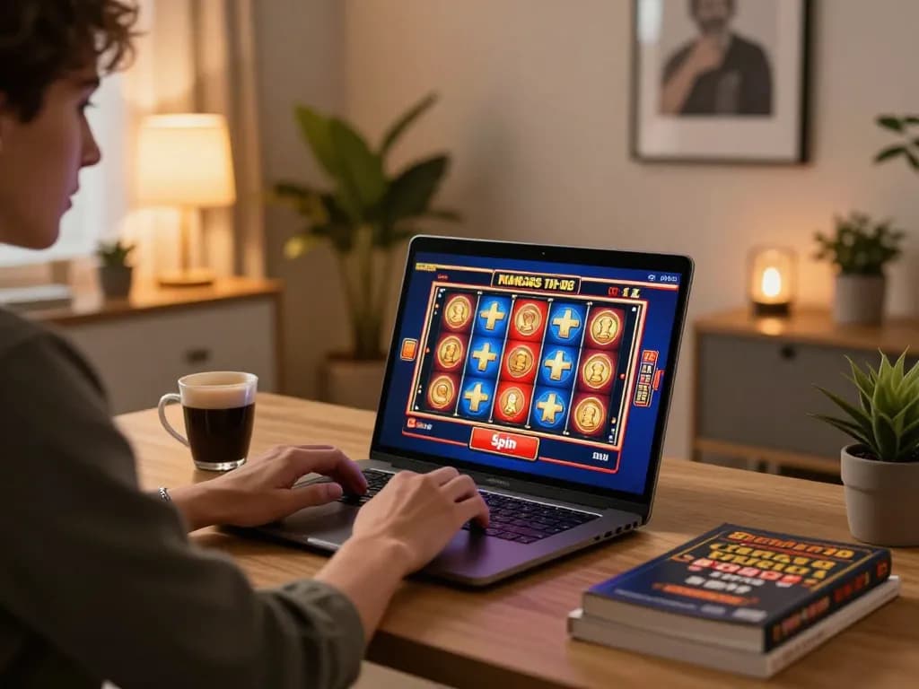 VA88 player spinning colorful online slot reels on laptop in a chic home office setting