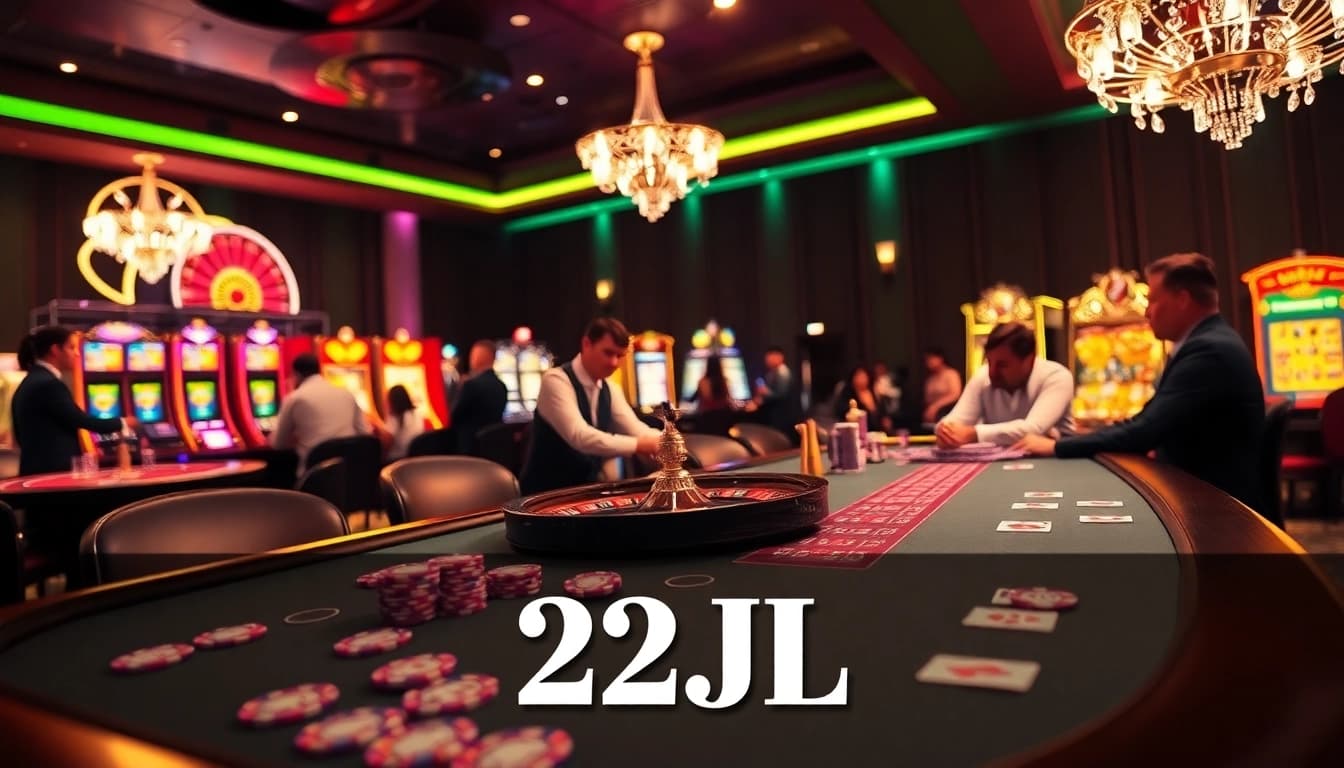 Engaged gamblers playing at a luxurious casino table featuring 22JL elements, highlighting excitement and strategy.