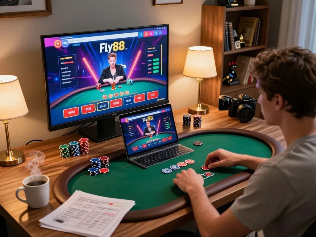 Player enjoying poker on Fly88 casino app in a stylish home gaming setup