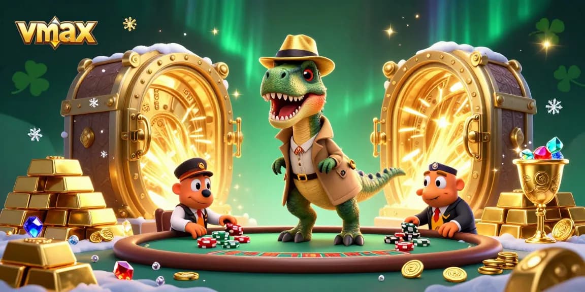 Experience vibrant casino action with vmax, featuring a velociraptor card counter and thrilling chips.