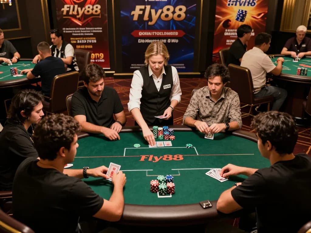 Fly88 poker players engaged in a competitive game, showcasing strategic gameplay with colorful chips and cards
