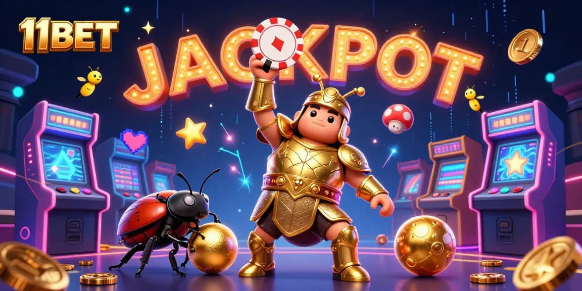 Experience the thrill of 11BET with cartoon heroes celebrating a big win, surrounded by vibrant gaming elements.