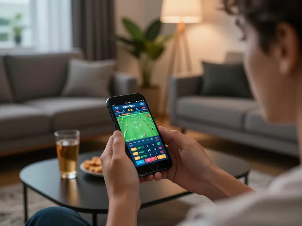 Mobile sports betting on a smartphone representing the trang chủ gem88 experience in a cozy home setting