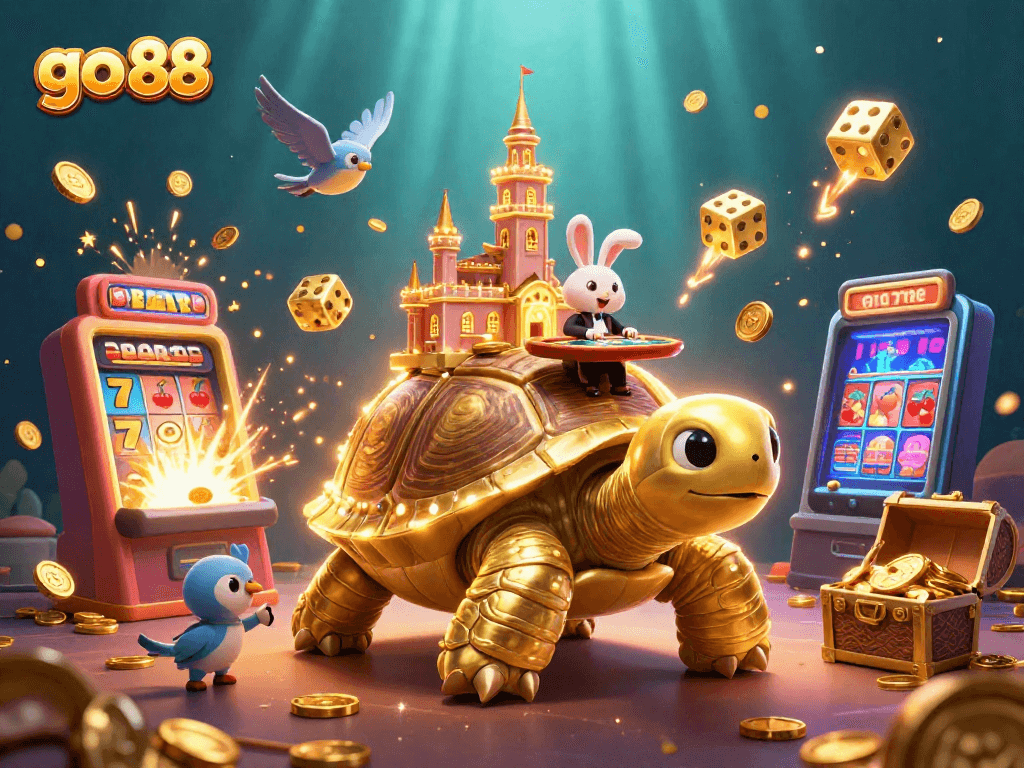Engage with go 88's vibrant casino scene featuring a golden tortoise, a rabbit dealer, and dynamic slot machines.