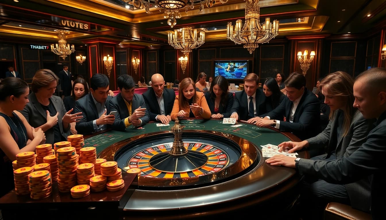 Players actively engaging in games at Thabet77 casino, showcasing excitement with poker chips and cards.