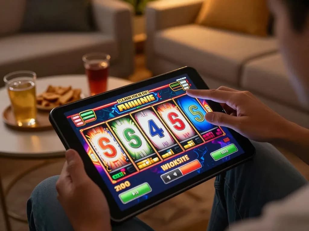 Player spinning reels on an online slot game tablet, showcasing engaging gameplay.