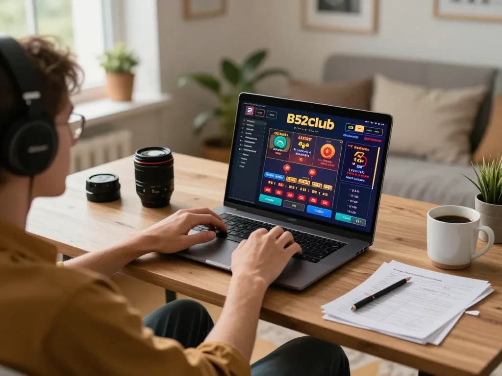 B52club user enjoying online gambling on a stylish laptop at home, showcasing strategic engagement