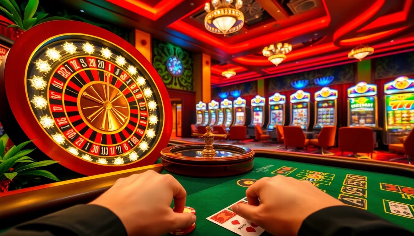 A player bets at a poker table in a vibrant casino scene featuring 98win elements.