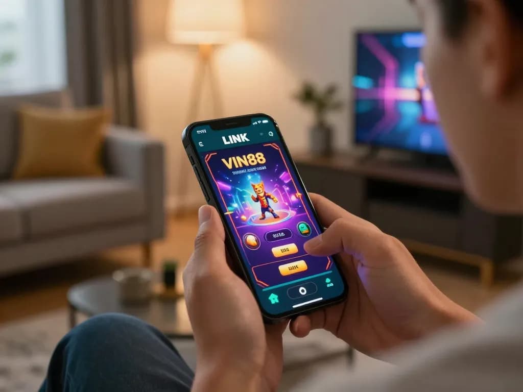 Users enjoying LINK VIN88 app on smartphone in a stylish home setting, showcasing engaging online gaming experience.