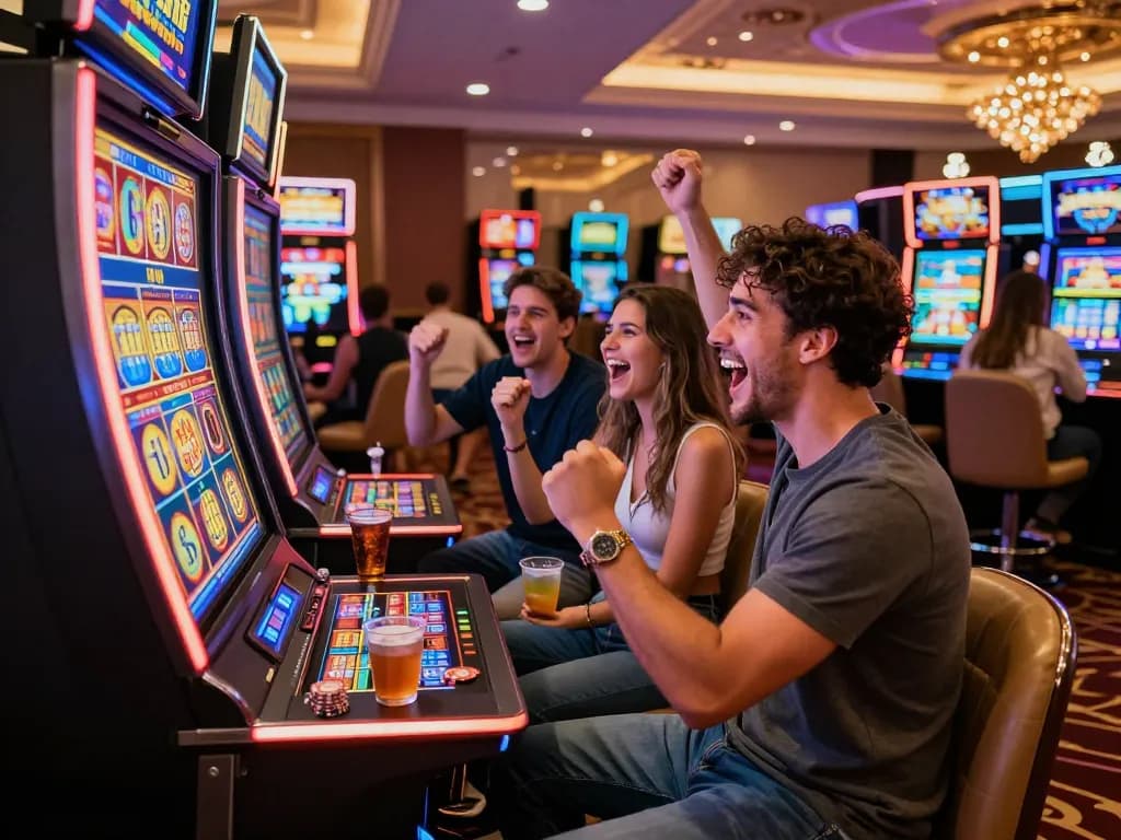 Players celebrating their big lucky88 win at a vibrant casino slot machine.