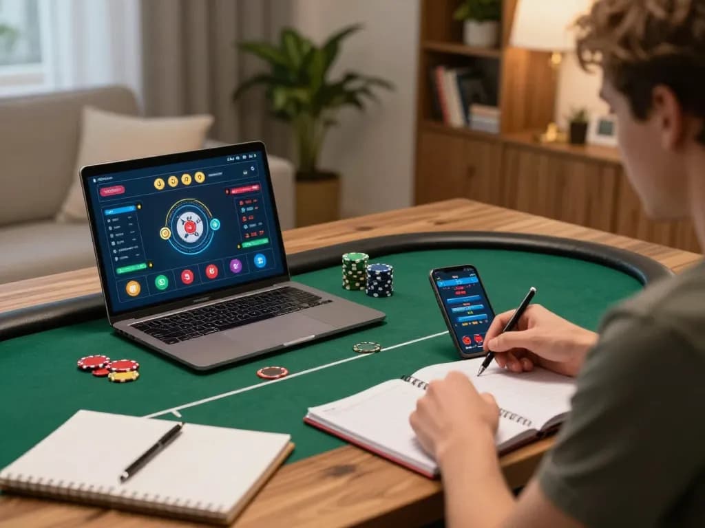 Engaging in poker on the laptop at home with tic88 and focused strategy notes nearby