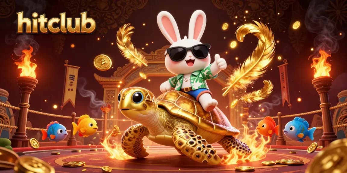 Play thrilling games at hitclub with the lucky rabbit and golden turtle in a vibrant casino scene.